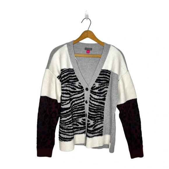 VINCE CAMUTO Color Block Animal Print Cozy V Neck Button Down Cardigan Sweater - Picture 13 of 13